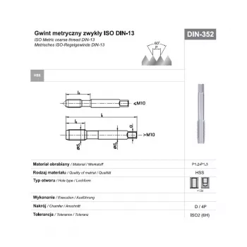 Závitník M24 NGMM/1 DIN-352D (6H) HSS metrický hrubý ruční závitník, M24 x 3 mm, 4 drážky, pravý, lesklý