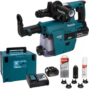 Makita DHR243JWX2 18V bezuhlíkové SDS-Plus 3-režimové akumulátorové vrtací kladivo s 2x 5,0Ah bateriemi, nabíječkou a kufrem Makpac