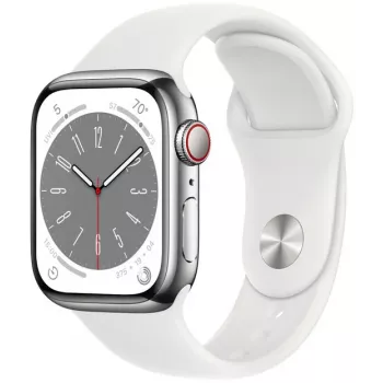 Apple Watch Series 8 GPS + Cellular 41mm pouzdro z nerezové oceli se sportovním řemínkem, stříbrno-bílé (MNJ53EL/A)