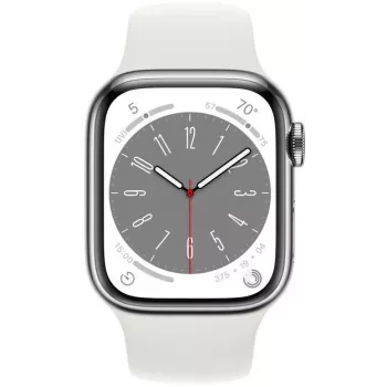 Apple Watch Series 8 GPS + Cellular 41mm pouzdro z nerezové oceli se sportovním řemínkem, stříbrno-bílé (MNJ53EL/A)