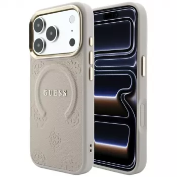 GUESS Saffiano Peony & Ring MagSafe pouzdro pro iPhone 18 Pro Max / 17 Pro Max - růžová