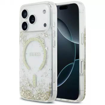 Guess Resin Bottom Glitter MagSafe pouzdro pro iPhone 18 Pro / 17 Pro, zlatá
