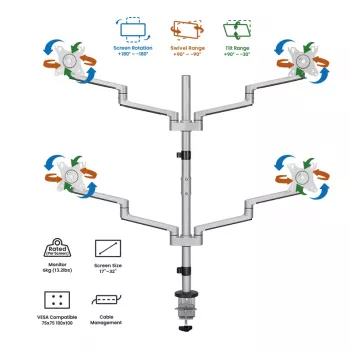 Logilink držák na čtyři monitory, 17–32 inch, hliník, stříbrný