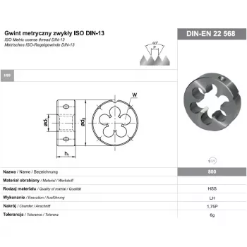NO NAME FANAR DIE M16 LEFT THREAD Round Threading Die, HSS, DIN 223, 6g, Metric M16 x 2.0 mm, Left Hand