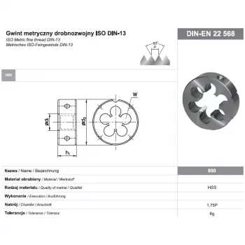 Kruhová závitová čelist M16x1 DIN-22568 (6g) HSS 800