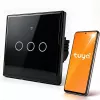 Chytrý dotykový vypínač světla Qoltec 52713 3násobný Wi-Fi časovač Tuya Smart Life tvrzené sklo černý