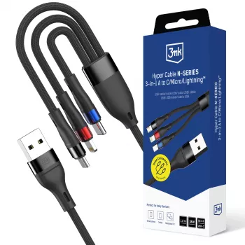 Kabel 3mk Hyper Cable N-SERIES 3v1 USB-A na USB-C/Lightning/MicroUSB 1,2 m 9 V/2 A 18 W černý