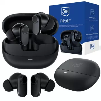 True Wireless Stereo sluchátka 3mk FitPods BT 6.0 s nabíjecím pouzdrem, Bluetooth 6.0, dotykové ovládání, IPX4, černá