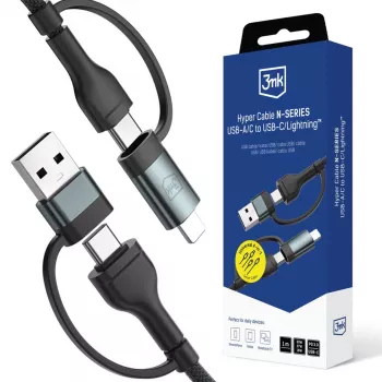 3mk Hyper Cable N-SERIES USB-A/USB-C na USB-C/Lightning 1,2 m 9V/2A 60W černý