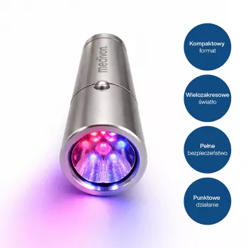 Kompaktní LED světelná terapeutická lampa MEDIVON Lumix, 5 vlnových délek 460–900 nm, 5minutový časovač, Li-ion baterie, stříbrná