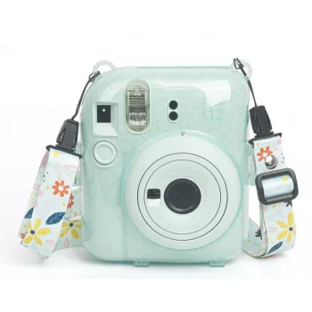 LOVEINSTANT ochranné pouzdro na fotoaparát pro Fujifilm Instax Mini 12 s nálepkami a kapsou na fotky - zelený třpyt