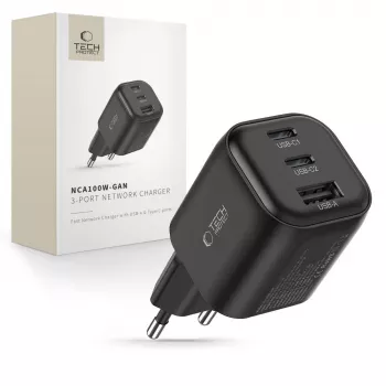 TECH-PROTECT NCA100W-GaN 3-Port GaN nástěnná nabíječka 100W PD 3.2 / QC3.0 černá