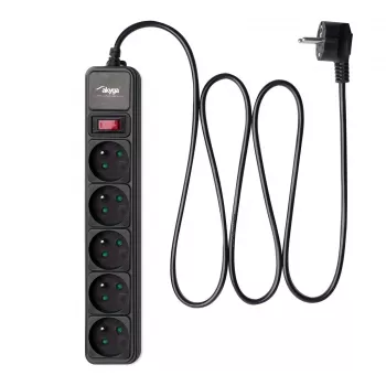 Akyga AK-SP-05A Surge Protector Power Strip, 5 x CEE 7/5 (Type E) Sockets, Switch, 1.8 m, Black