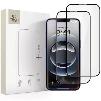 Tech-Protect Glass Fit+ tvrzené sklo na displej pro Apple iPhone 13/13 Pro/14/16e/17e, černý rám, 2 ks