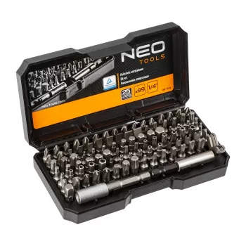Sada bitů do šroubováku NEO TOOLS 99dílná s rukojetí, ocel S2, šestihran 1/4 inch, plochý, Phillips, Pozidriv, Torx, bezpečnostní Torx, šestihran, bezpečnostní šestihran, čtyřhran, Spanner, Tri-Wing, Torq-Set, Clutch, magnetický držák bitů, adaptér, vol.