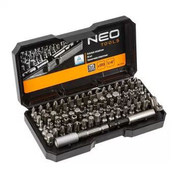 Sada bitů do šroubováku NEO TOOLS 99dílná s rukojetí, ocel S2, šestihran 1/4 inch, plochý, Phillips, Pozidriv, Torx, bezpečnostní Torx, šestihran, bezpečnostní šestihran, čtyřhran, Spanner, Tri-Wing, Torq-Set, Clutch, magnetický držák bitů, adaptér, vol.