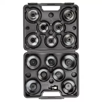NEO TOOLS sada nástrčných klíčů na olejové filtry 16dílná (65-100 mm, 3/8 inch pohon, miskový typ, vícenásobný zářez, ocel, plastový kufr)