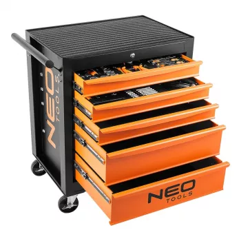 Dílenská skříň NEO TOOLS, 5 zásuvek + 117 nástrojů, kuličková vedení zásuvek, centrální zámek, statické zatížení 400 kg, černá