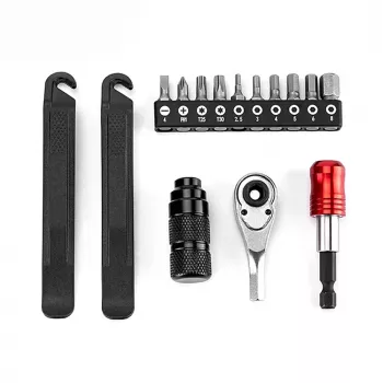 Nouzová opravná sada na kolo ROCKBROS – 16v1 multitool, minipumpa, páčky na pláště, záplaty, černá