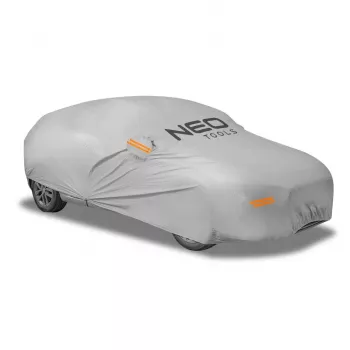 Vícevrstvá voděodolná plachta na auto NEO TOOLS XL, 2vrstvá PEVA, UV ochrana, elastický lem, upevňovací popruhy, šedá