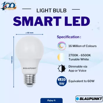 Chytrá LED žárovka Blaupunkt E27 9W A60 – Tunable White & RGB, Wi-Fi, Alexa/Google Assistant