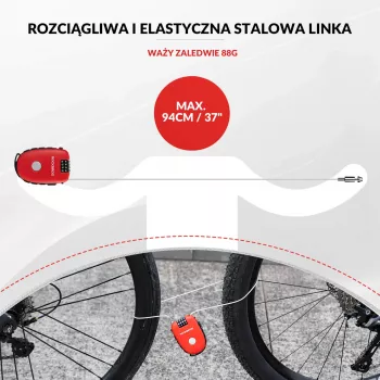 Zatahovací kabelový zámek Rockbros 32420981001, červený – 3místný kombinovaný zámek, 90 cm, splétaná ocel