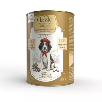 Syta Micha mokré krmivo pro štěňata králík s červenou řepou a malinami – 400 g konzerva