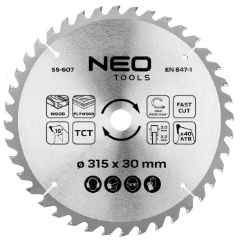 NEO TOOLS 315 mm TCT kotouč pily, 40 zubů, 30 mm vrtání, řezání dřeva