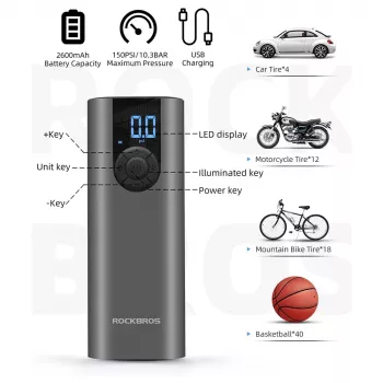 ROCKBROS Electric Bike Pump with LED Display, USB-C Charging, 150 PSI, Presta/Schrader/Dunlop, Black
