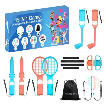 HURTEL Family Accessories Pack 15 in 1 for Nintendo Switch 2 Console - Orange and Blue Set