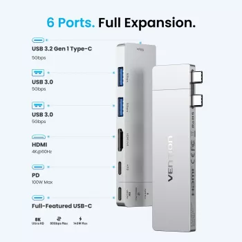 VENTION 6-in-2 Thunderbolt 5 dokovací stanice 8K@240Hz 80Gbps 140W PD DisplayPort 2.1 USB-C
