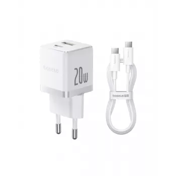 Baseus Palm 20W nástěnná nabíječka, 1x USB-A + 1x USB-C, QC3.0/PD3.0, s 1 m USB-C kabelem, bílá (P10111608213-01)
