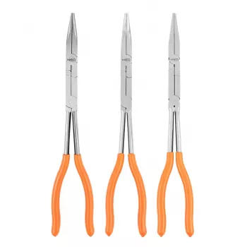 NEO TOOLS 01-293 sada kleští s dvojitým kloubem, 3dílná, chrom-vanadiová ocel, 280 mm, rovné, 45° a 90° zahnuté hroty, ergonomické protiskluzové rukojeti