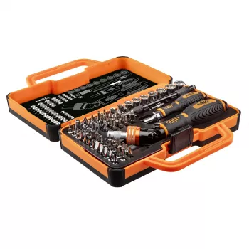 Sada bitů do šroubováku NEO TOOLS 69dílná s ráčnovou rukojetí, bity z oceli S2, 1/4 inch šestihran, Phillips, Pozi, ploché, Torx, imbus, čtverec, spanner, Tri-Wing, Torq-Set, magnetický držák, úložný kufr