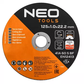 Rozbrušovací kotouče na kov NEO TOOLS 41A 60 S BF, 125x1,0x22,23 mm, ocel/inox, 100 ks v kbelíku