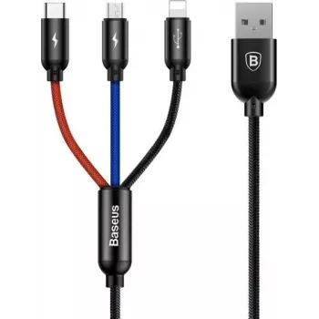 Baseus Primary Colors 3-in-1 USB 2.0 Type-A na Micro, USB-C & Lightning kabel 30cm černá/červená/modrá