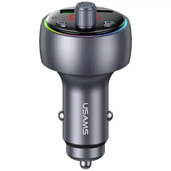 USAMS CC328 30W Bluetooth FM vysílač auto nabíječka s USB-C PD a USB-A QC3.0, hands-free volání, LED displej, černá