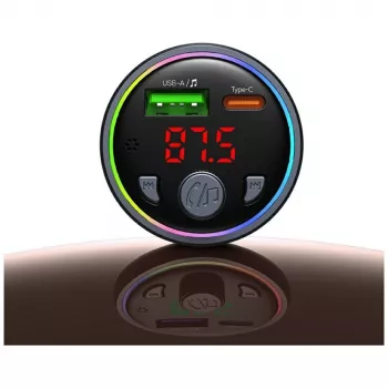 USAMS CC328 30W Bluetooth FM vysílač auto nabíječka s USB-C PD a USB-A QC3.0, hands-free volání, LED displej, černá