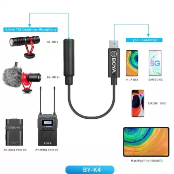 Adaptérový kabel BOYA BY-K4 3,5mm TRS samice na USB-C samec pro mikrofony (6 cm, černý)