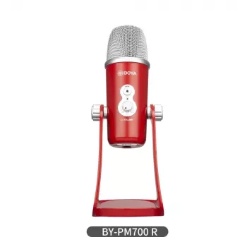 USB kondenzátorový mikrofon BOYA BY-PM700R s kardioidní, všesměrovou, obousměrnou a stereo směrovou charakteristikou, 3,5mm výstupem pro sluchátka, regulací zisku, tlačítkem ztlumení a integrovaným stolním stojanem