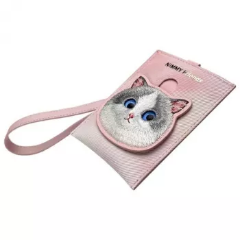 Peněženka na karty NIMMY Big Eyed Pet 2.0 Cat Pink z PU kůže s 6 přihrádkami na karty, kapsou na mince a zipem