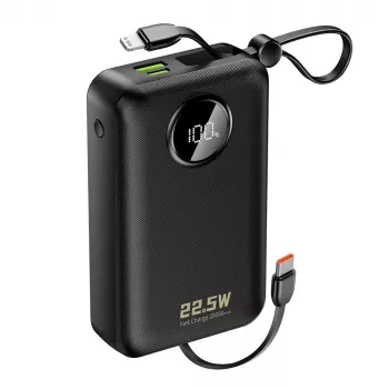 DUDAO K14+ 20000mAh 22.5W Power Bank with Built-in Lightning and USB-C Cables - Black