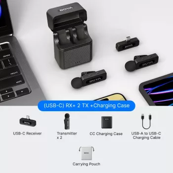 Bezdrátový lavalierový mikrofonní systém BOYA BY-V30 pro zařízení USB-C, 2,4 GHz, dosah 50 m, 9 hodin výdrže baterie, potlačení šumu, černý