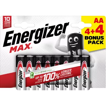 Energizer Max AA alkalické baterie, 1,5 V, 8 ks (4+4)