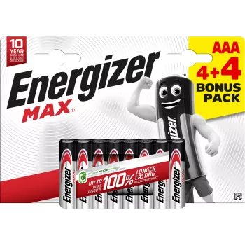 Energizer Max AAA Alkaline Batteries, 1.5 V, 8 Pack (4+4)