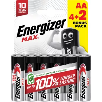 Energizer Max AA alkalické baterie, 1,5 V, 6 ks (4+2)