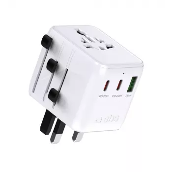 SBS univerzální cestovní adaptér se 2x USB-C PD 20W a 1x USB-A QC 18W, celkem 35W, bílý
