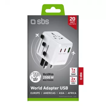 SBS univerzální cestovní adaptér se 2x USB-C PD 20W a 1x USB-A QC 18W, celkem 35W, bílý