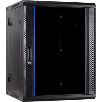 DSIT 18U nástěnný serverový rozvaděč s tvrzenými skleněnými dvířky, oboustranný, 600x600x900 mm, černý