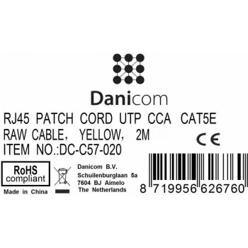 DSIT CAT 5e U/UTP síťový patch kabel, RJ45 samec na samce, 2 m, žlutý, CCA, 100 MHz